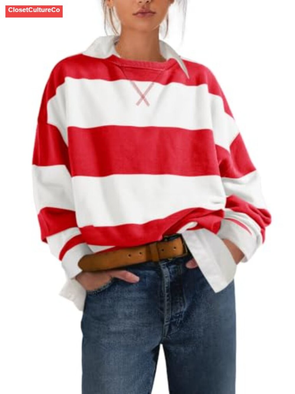 Womens Oversized Striped Crewneck Sweatshirt Long Sleeve Color Block Pullover